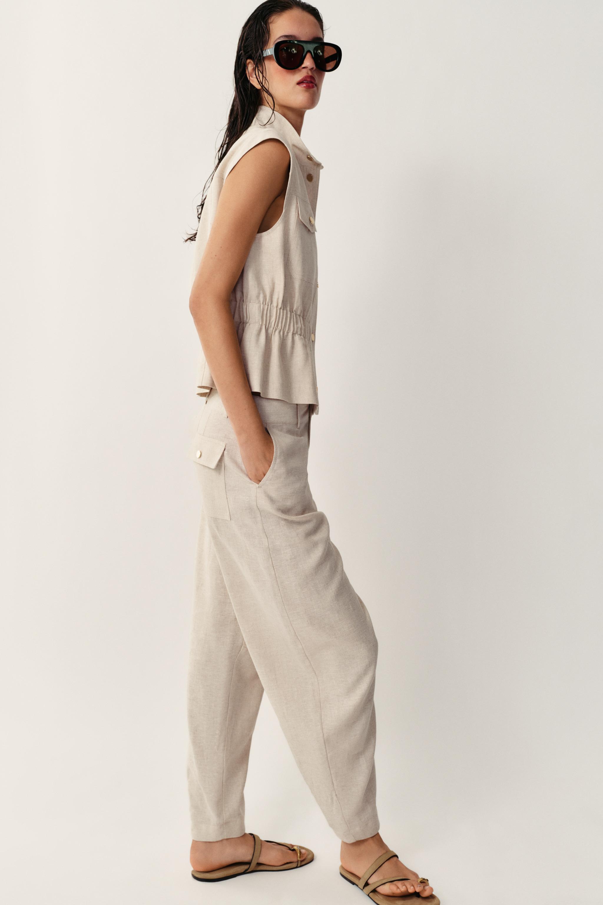 LINEN BLEND BARREL PANTS